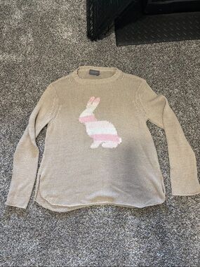 Women’s Crewneck Bunny Knit Sweater - Beige with Pink Accent